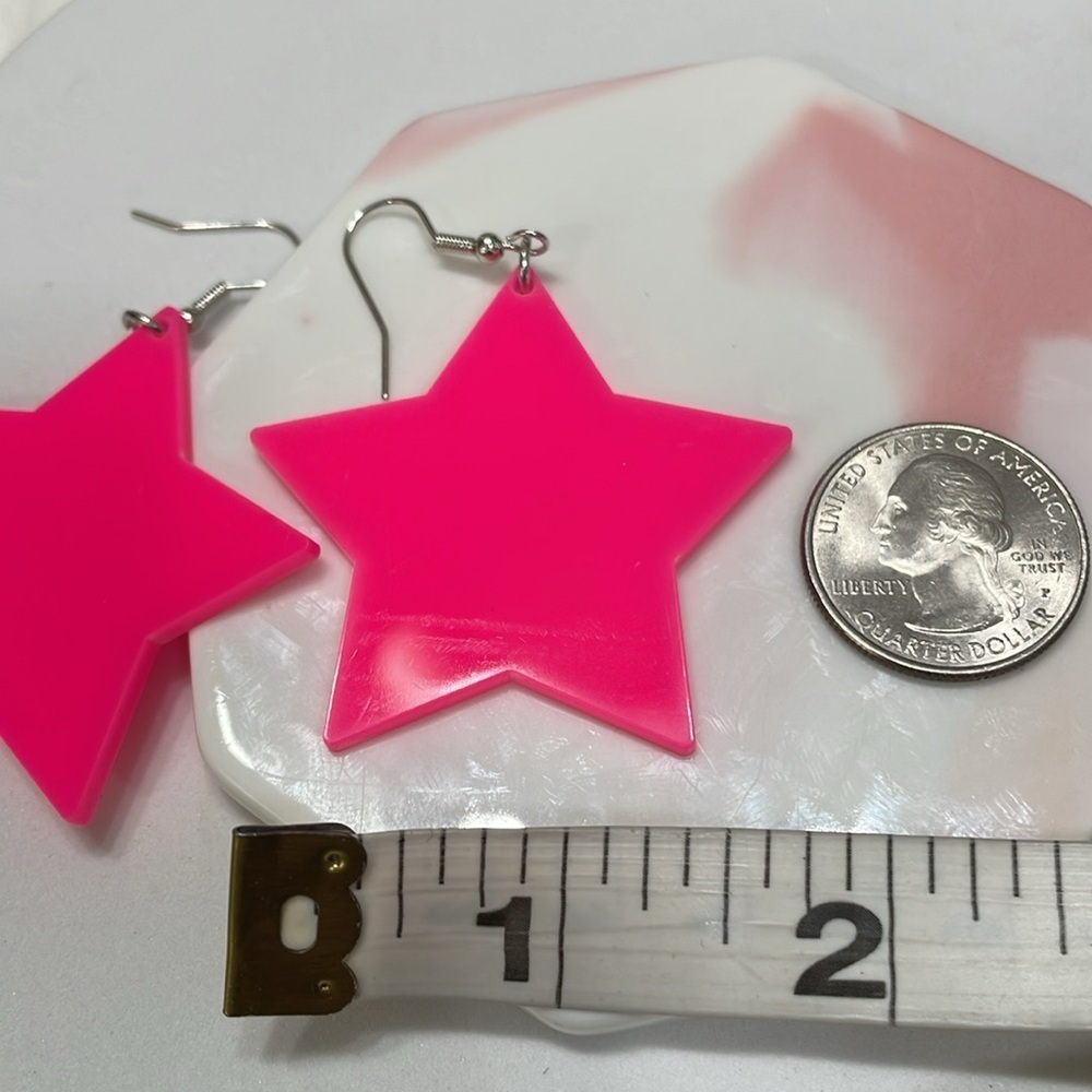 Pink Acrylic Star Silver Hook Earrings - Picture 12 of 14